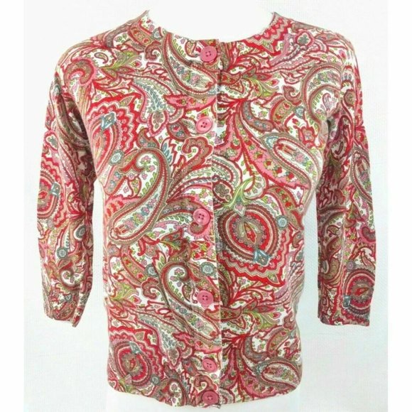 TALBOTS Paisley Cardigan Sweater  Size XS - 3/4 Sleeves EUC Coral Rayon/Cotton - Picture 1 of 3